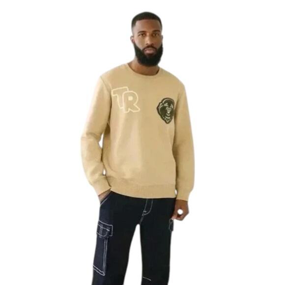 True Religion TR Buddha Embroidered Logo Sweatshirt Size Small Tan Crewneck NWT - Picture 2 of 7